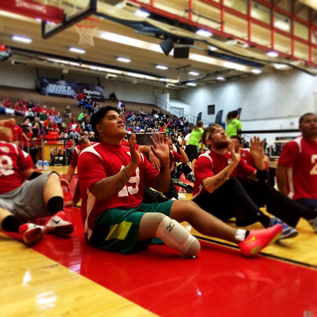 The  team warms up for the gold medal match vs Navy in sitting volleyball at