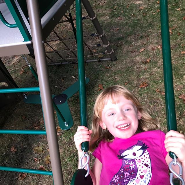 Mary's new swing set is complete. She approves.